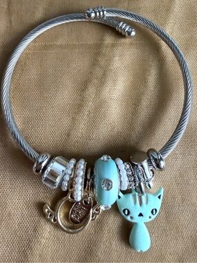 Silver Cat Charm Bracelet with Mint Blue Enamel Cat Charm